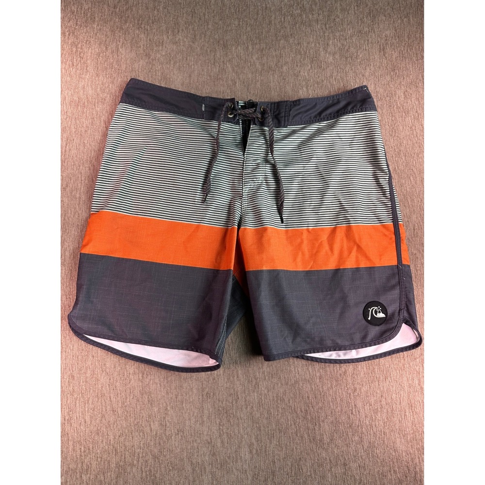 Quiksilver Highline Board Shorts Mens 36 Striped Orange Grey Recycled Swim Trunk